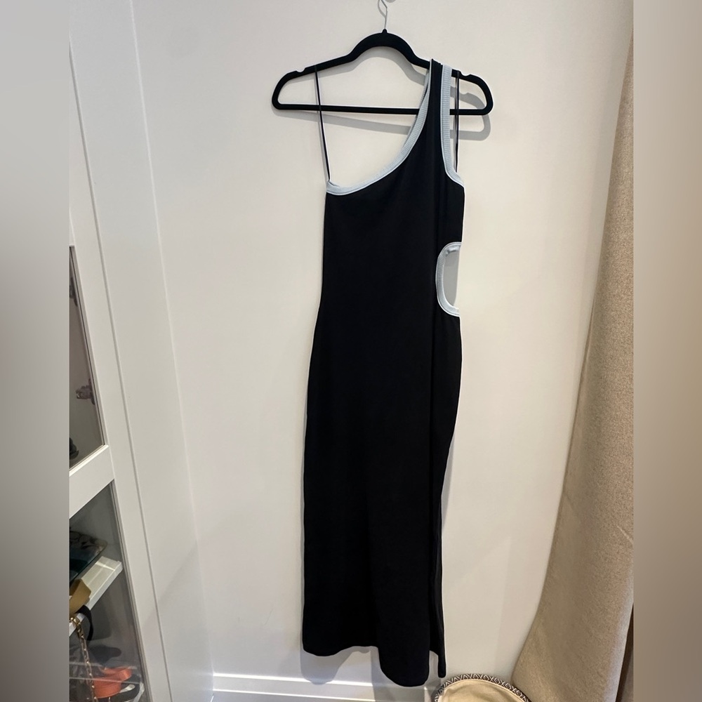 Jersey knit One-Shoulder navy Dress with baby blue trim and side cut out